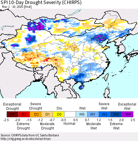 China and Taiwan SPI 10-Day Drought Severity (CHIRPS) Thematic Map For 3/1/2020 - 3/10/2020