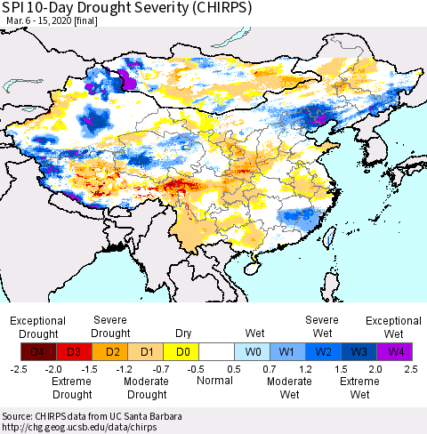 China and Taiwan SPI 10-Day Drought Severity (CHIRPS) Thematic Map For 3/6/2020 - 3/15/2020