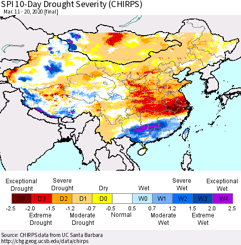 China and Taiwan SPI 10-Day Drought Severity (CHIRPS) Thematic Map For 3/11/2020 - 3/20/2020