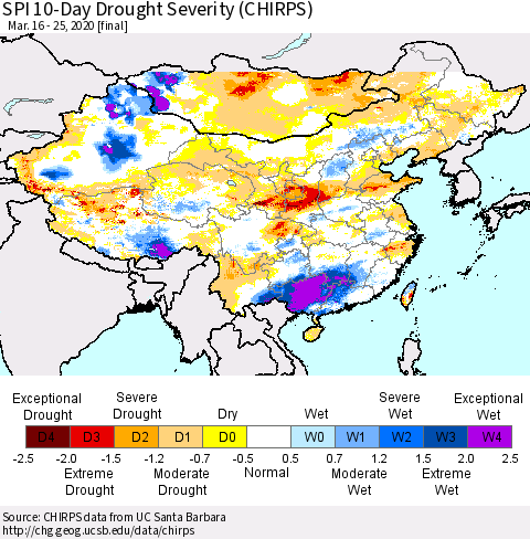 China and Taiwan SPI 10-Day Drought Severity (CHIRPS) Thematic Map For 3/16/2020 - 3/25/2020