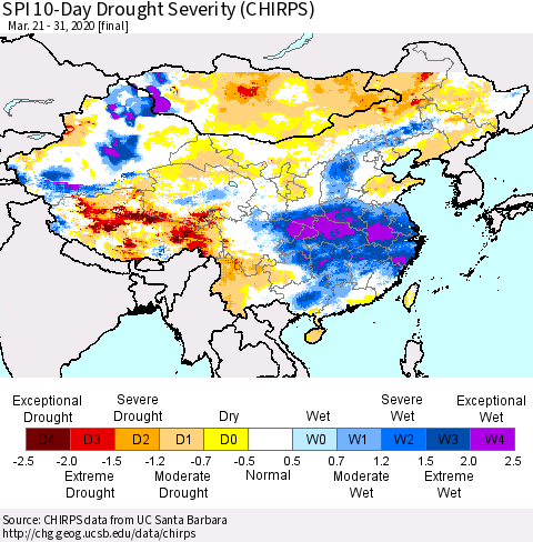 China and Taiwan SPI 10-Day Drought Severity (CHIRPS) Thematic Map For 3/21/2020 - 3/31/2020