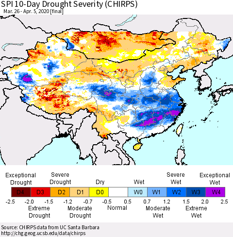 China and Taiwan SPI 10-Day Drought Severity (CHIRPS) Thematic Map For 3/26/2020 - 4/5/2020