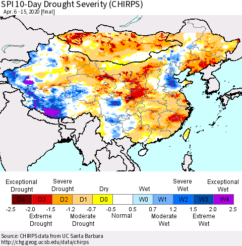 China and Taiwan SPI 10-Day Drought Severity (CHIRPS) Thematic Map For 4/6/2020 - 4/15/2020