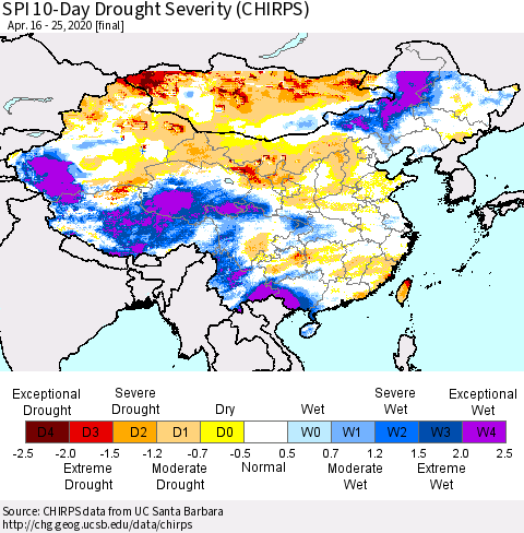 China, Mongolia and Taiwan SPI 10-Day Drought Severity (CHIRPS) Thematic Map For 4/16/2020 - 4/25/2020