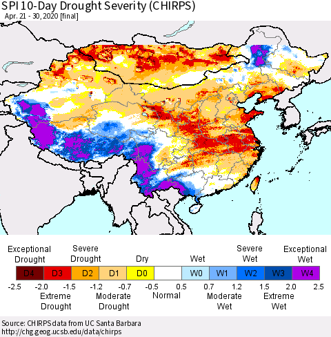 China, Mongolia and Taiwan SPI 10-Day Drought Severity (CHIRPS) Thematic Map For 4/21/2020 - 4/30/2020
