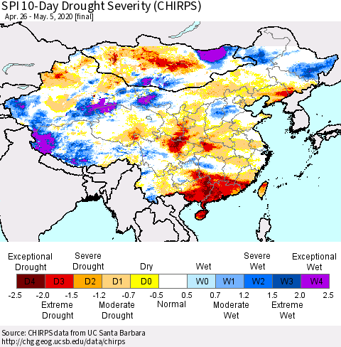 China and Taiwan SPI 10-Day Drought Severity (CHIRPS) Thematic Map For 4/26/2020 - 5/5/2020