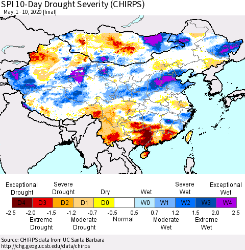China and Taiwan SPI 10-Day Drought Severity (CHIRPS) Thematic Map For 5/1/2020 - 5/10/2020
