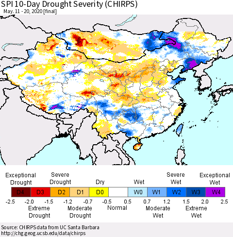 China and Taiwan SPI 10-Day Drought Severity (CHIRPS) Thematic Map For 5/11/2020 - 5/20/2020