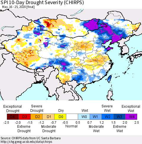 China and Taiwan SPI 10-Day Drought Severity (CHIRPS) Thematic Map For 5/16/2020 - 5/25/2020