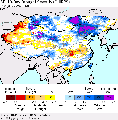 China and Taiwan SPI 10-Day Drought Severity (CHIRPS) Thematic Map For 5/21/2020 - 5/31/2020