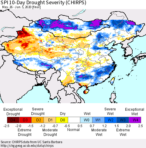 China, Mongolia and Taiwan SPI 10-Day Drought Severity (CHIRPS) Thematic Map For 5/26/2020 - 6/5/2020