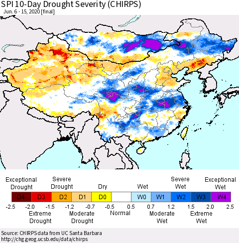 China and Taiwan SPI 10-Day Drought Severity (CHIRPS) Thematic Map For 6/6/2020 - 6/15/2020