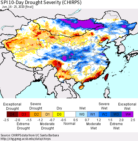 China and Taiwan SPI 10-Day Drought Severity (CHIRPS) Thematic Map For 6/16/2020 - 6/25/2020