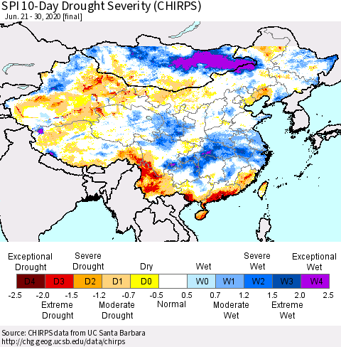 China and Taiwan SPI 10-Day Drought Severity (CHIRPS) Thematic Map For 6/21/2020 - 6/30/2020
