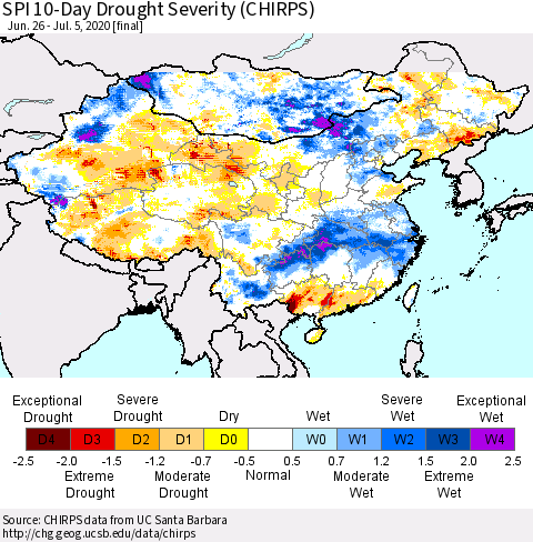 China and Taiwan SPI 10-Day Drought Severity (CHIRPS) Thematic Map For 6/26/2020 - 7/5/2020