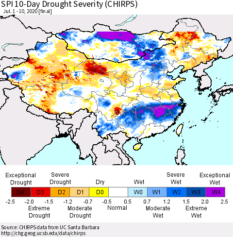 China, Mongolia and Taiwan SPI 10-Day Drought Severity (CHIRPS) Thematic Map For 7/1/2020 - 7/10/2020