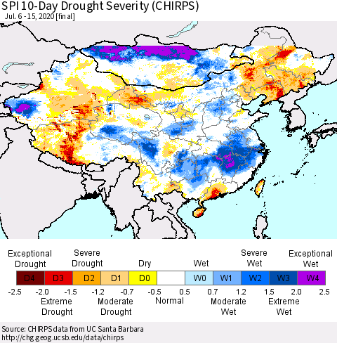 China, Mongolia and Taiwan SPI 10-Day Drought Severity (CHIRPS) Thematic Map For 7/6/2020 - 7/15/2020