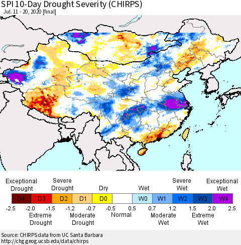 China, Mongolia and Taiwan SPI 10-Day Drought Severity (CHIRPS) Thematic Map For 7/11/2020 - 7/20/2020
