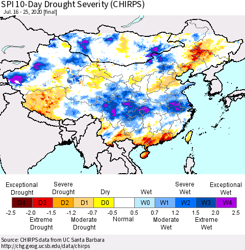 China, Mongolia and Taiwan SPI 10-Day Drought Severity (CHIRPS) Thematic Map For 7/16/2020 - 7/25/2020