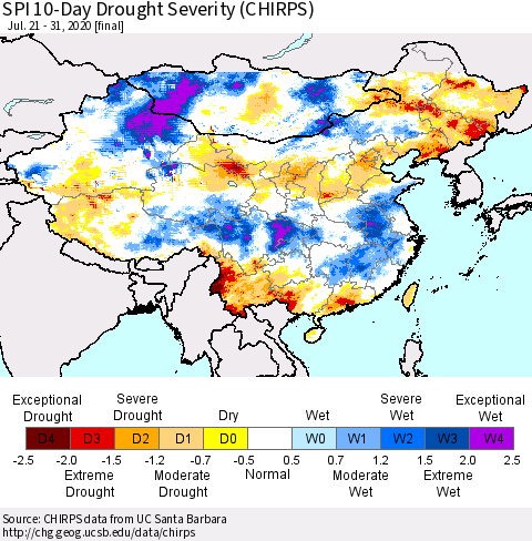 China, Mongolia and Taiwan SPI 10-Day Drought Severity (CHIRPS) Thematic Map For 7/21/2020 - 7/31/2020