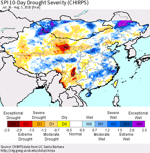 China, Mongolia and Taiwan SPI 10-Day Drought Severity (CHIRPS) Thematic Map For 7/26/2020 - 8/5/2020