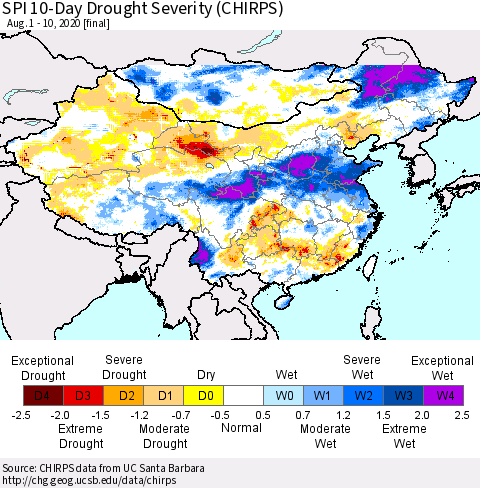 China, Mongolia and Taiwan SPI 10-Day Drought Severity (CHIRPS) Thematic Map For 8/1/2020 - 8/10/2020