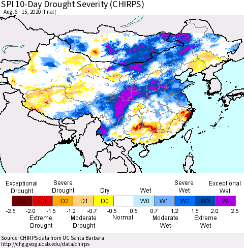 China, Mongolia and Taiwan SPI 10-Day Drought Severity (CHIRPS) Thematic Map For 8/6/2020 - 8/15/2020