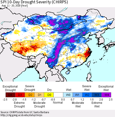 China, Mongolia and Taiwan SPI 10-Day Drought Severity (CHIRPS) Thematic Map For 8/11/2020 - 8/20/2020