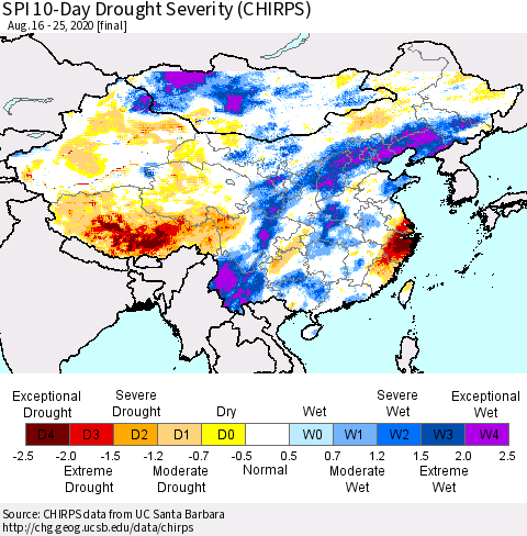 China, Mongolia and Taiwan SPI 10-Day Drought Severity (CHIRPS) Thematic Map For 8/16/2020 - 8/25/2020