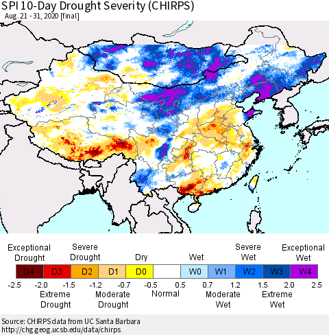 China, Mongolia and Taiwan SPI 10-Day Drought Severity (CHIRPS) Thematic Map For 8/21/2020 - 8/31/2020