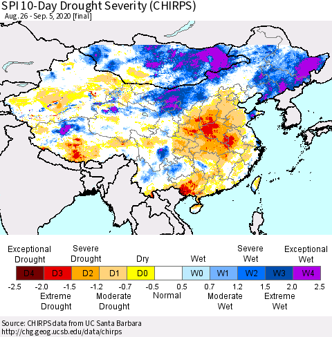 China, Mongolia and Taiwan SPI 10-Day Drought Severity (CHIRPS) Thematic Map For 8/26/2020 - 9/5/2020