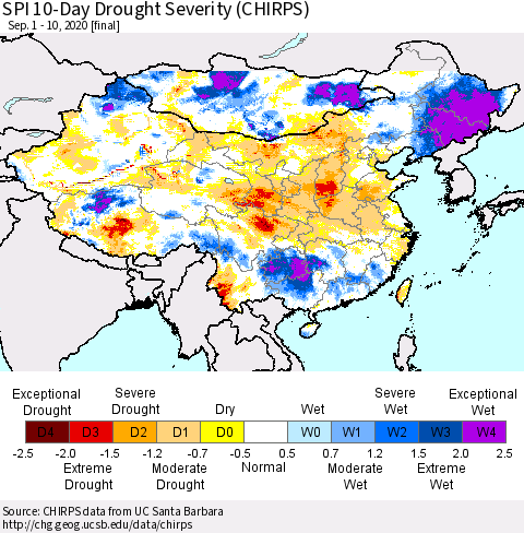 China, Mongolia and Taiwan SPI 10-Day Drought Severity (CHIRPS) Thematic Map For 9/1/2020 - 9/10/2020