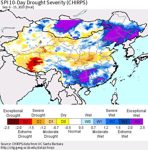 China, Mongolia and Taiwan SPI 10-Day Drought Severity (CHIRPS) Thematic Map For 9/6/2020 - 9/15/2020