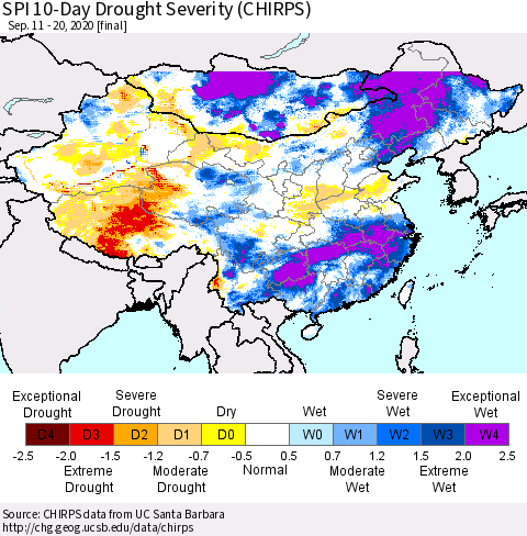 China, Mongolia and Taiwan SPI 10-Day Drought Severity (CHIRPS) Thematic Map For 9/11/2020 - 9/20/2020