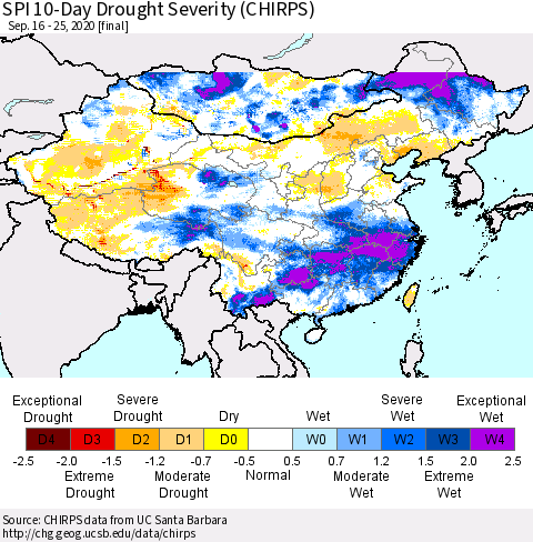 China, Mongolia and Taiwan SPI 10-Day Drought Severity (CHIRPS) Thematic Map For 9/16/2020 - 9/25/2020