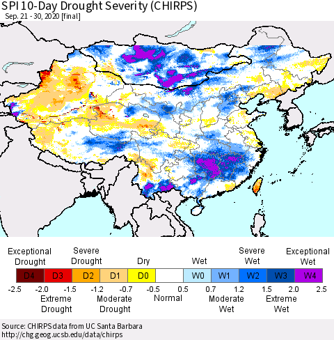 China, Mongolia and Taiwan SPI 10-Day Drought Severity (CHIRPS) Thematic Map For 9/21/2020 - 9/30/2020