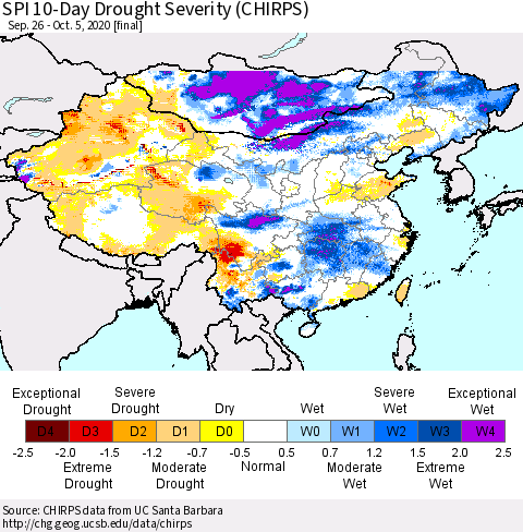 China, Mongolia and Taiwan SPI 10-Day Drought Severity (CHIRPS) Thematic Map For 9/26/2020 - 10/5/2020