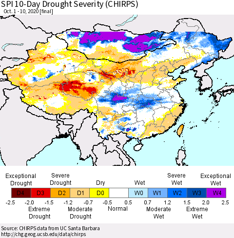 China, Mongolia and Taiwan SPI 10-Day Drought Severity (CHIRPS) Thematic Map For 10/1/2020 - 10/10/2020