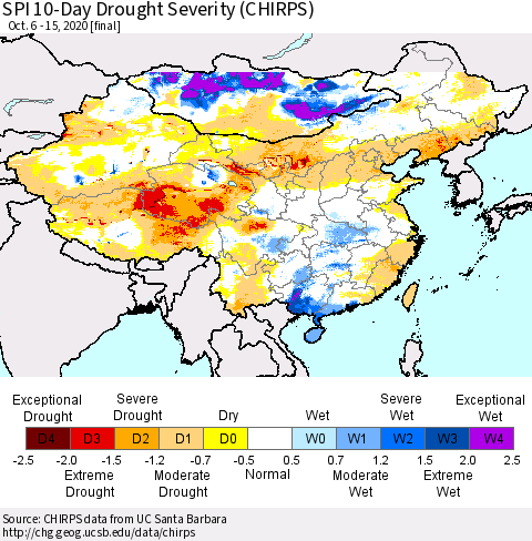 China, Mongolia and Taiwan SPI 10-Day Drought Severity (CHIRPS) Thematic Map For 10/6/2020 - 10/15/2020
