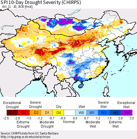 China, Mongolia and Taiwan SPI 10-Day Drought Severity (CHIRPS) Thematic Map For 10/11/2020 - 10/20/2020