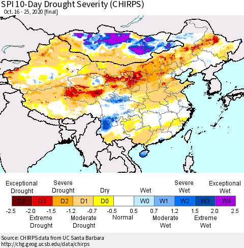 China, Mongolia and Taiwan SPI 10-Day Drought Severity (CHIRPS) Thematic Map For 10/16/2020 - 10/25/2020