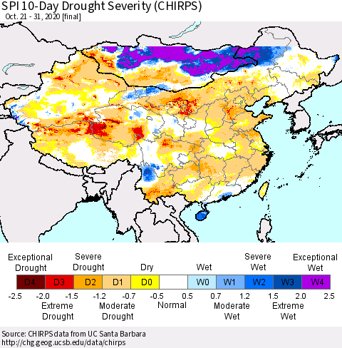 China, Mongolia and Taiwan SPI 10-Day Drought Severity (CHIRPS) Thematic Map For 10/21/2020 - 10/31/2020