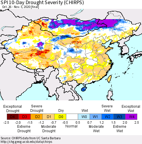 China, Mongolia and Taiwan SPI 10-Day Drought Severity (CHIRPS) Thematic Map For 10/26/2020 - 11/5/2020