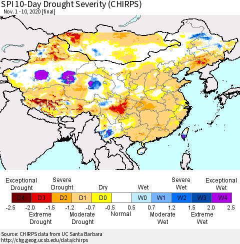 China, Mongolia and Taiwan SPI 10-Day Drought Severity (CHIRPS) Thematic Map For 11/1/2020 - 11/10/2020