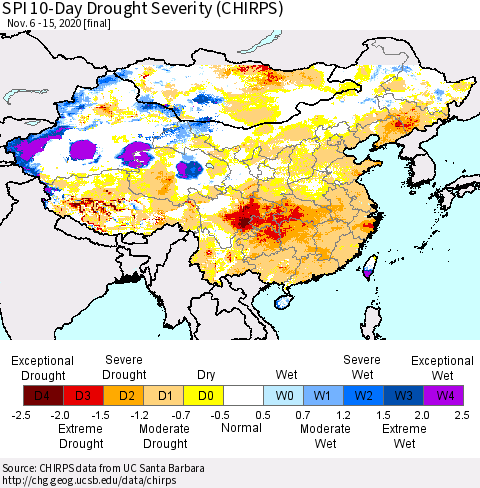 China, Mongolia and Taiwan SPI 10-Day Drought Severity (CHIRPS) Thematic Map For 11/6/2020 - 11/15/2020