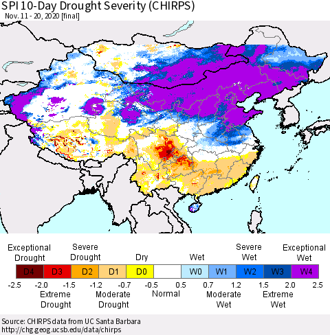 China, Mongolia and Taiwan SPI 10-Day Drought Severity (CHIRPS) Thematic Map For 11/11/2020 - 11/20/2020