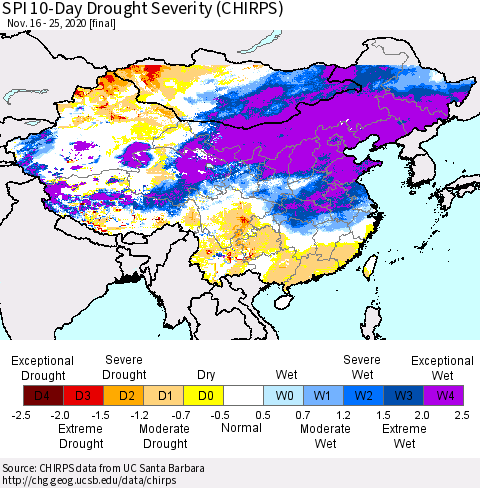 China, Mongolia and Taiwan SPI 10-Day Drought Severity (CHIRPS) Thematic Map For 11/16/2020 - 11/25/2020