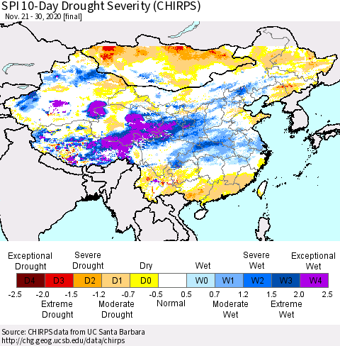 China, Mongolia and Taiwan SPI 10-Day Drought Severity (CHIRPS) Thematic Map For 11/21/2020 - 11/30/2020
