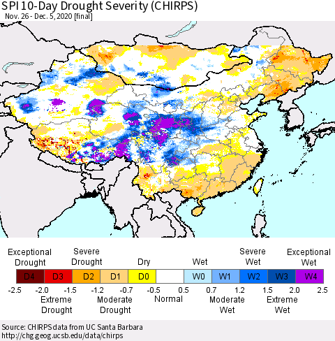 China, Mongolia and Taiwan SPI 10-Day Drought Severity (CHIRPS) Thematic Map For 11/26/2020 - 12/5/2020