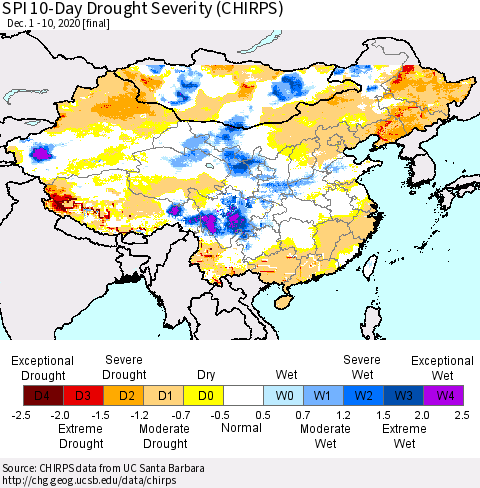 China, Mongolia and Taiwan SPI 10-Day Drought Severity (CHIRPS) Thematic Map For 12/1/2020 - 12/10/2020
